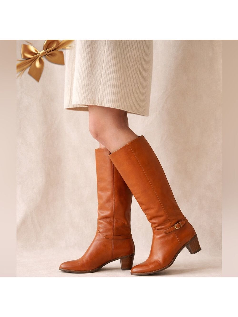 Italian Handcrafted Leather Knee High Boots Size 9.5 Cognac Riding